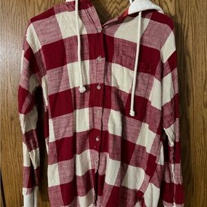 American Eagle Red and White Plaid Button-Up Hoodie